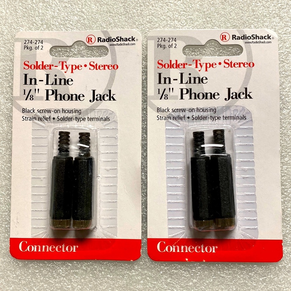 Lot of 2 Radio Shack 1/8" 3.5mm In-Line Stereo Phone Jacks, Solder Type.